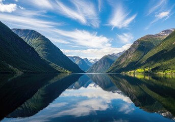 Fototapeta premium Fjord Surrounded by Green Mountains Reflecting in Still Water Under Bright Sky