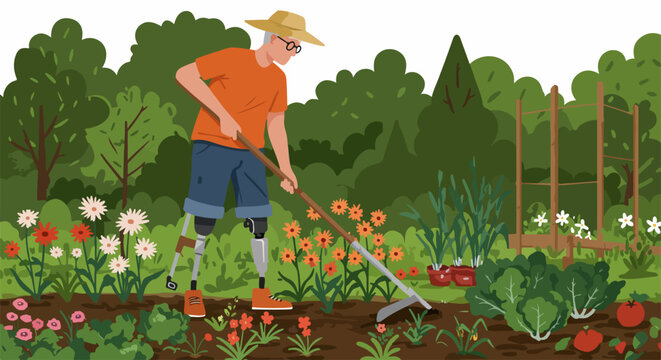 Person gardening in backyard with hoe among flowers, plants, tomatoes, and cabbages. Person gardening in backyard, tilling the soil wearing orange shirt, straw hat, eyeglasses, and shorts. - Powered by Adobe