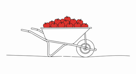 Wheelbarrow full of apples in minimalist style, wheelbarrow full of apples in monochrome sketch, drawing shows fresh organic harvest. Side view of wheelbarrow contains heap of ripe fruit.