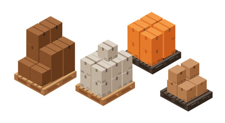 Isometric pallet display with diverse cardboard boxes for logistics and shipping themes