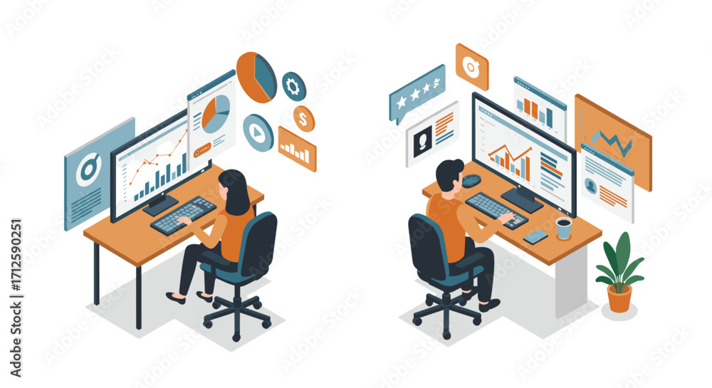 Poster isometric office workflow: team analyzing digital data and collaborating on projects