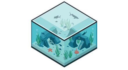 Fototapeta premium Isometric aquarium with sharks and coral reef in 3d perspective