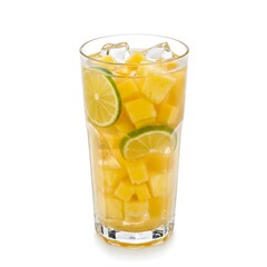 Refreshing beverage featuring diced tropical fruits, lime slices and cool ice cubes, served in a tall glass
