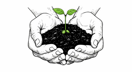 Hands holding seedling illustration, depicting new life emerging from rich soil, symbolizing growth. Sketch art hands nurture earth and seedling,