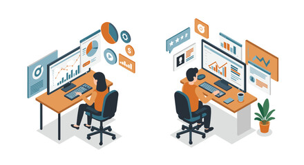 Isometric office workflow: team analyzing digital data and collaborating on projects