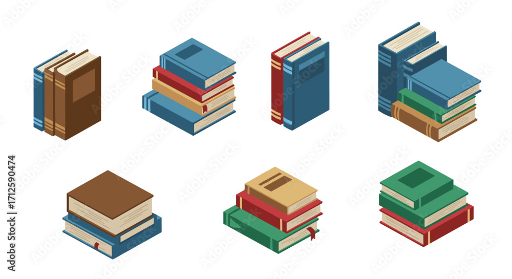 Poster isometric set of colorful books in various arrangements and styles