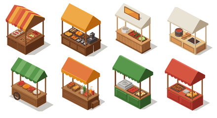 Collection of colorful market stalls with assorted food in isometric style