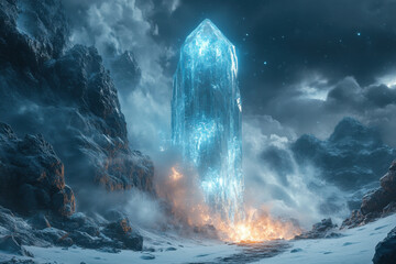 Tall tower rising in the snowy mountains.