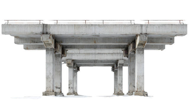 Concrete bridge structure with strong pillars, isolated on white background.