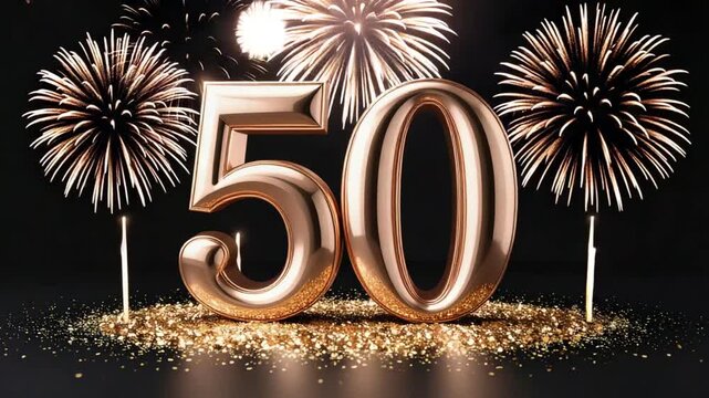 Golden 50 number with glittering fireworks, great for anniversaries, milestone birthdays, and celebration intros.