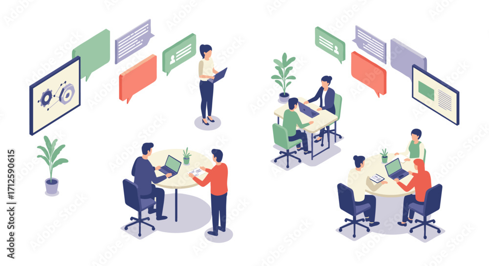 Poster collaborative office environment with diverse teams and digital communication in isometric design