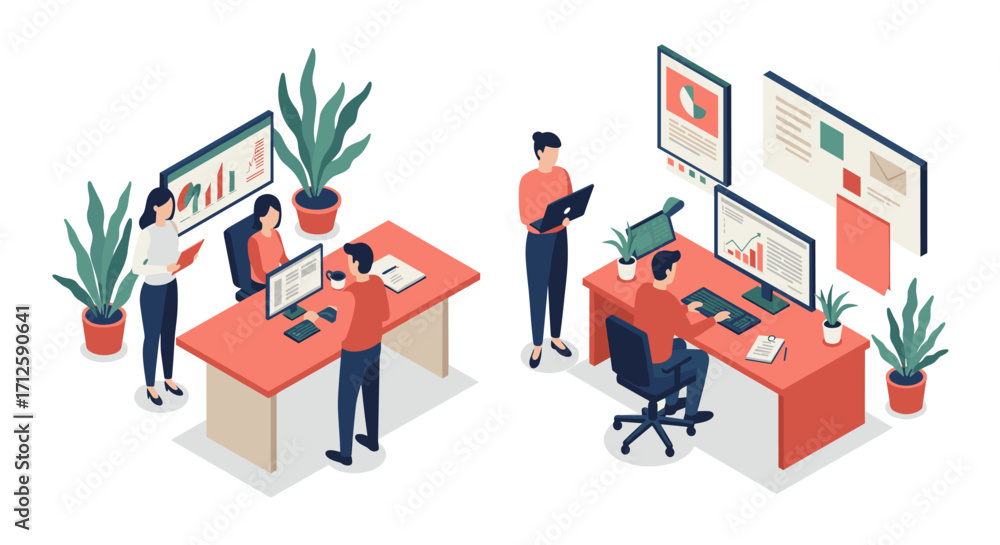 Poster modern isometric office workspace with colleagues collaborating and analyzing data