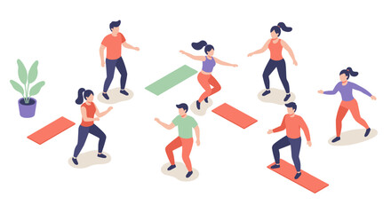 Group fitness workout with diverse people in isometric style on yoga mats