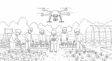 Obraz premium Cartoon community garden features diverse gardeners tending raised garden beds, overseen by a modern drone. Community garden is an illustration of people of different ages working together,