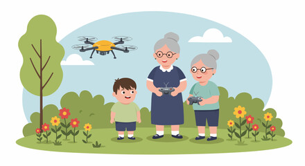 Fototapeta premium Grandmothers operating drone with grandson in park, demonstrating generational tech usage. Grandmothers learning new technology and operating modern drone in nature with cheerful grandson.