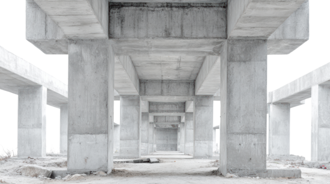Concrete pillars supporting a structure in an industrial setting, white isolated background.