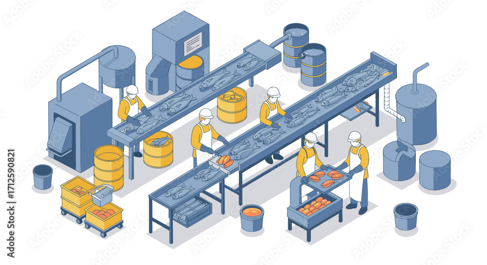 Poster isometric factory food processing line with workers and machinery in action
