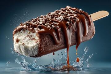 Chocolate Coated Ice Cream Bar with Sprinkles and Dripping Sauce Splashing in Water