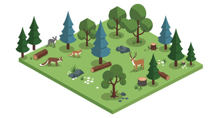 Isometric woodland scene with wildlife and trees in a forest clearing