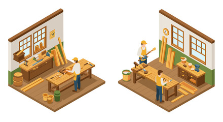 Isometric workshop scene with carpenters crafting furniture in a woodworking shop environment