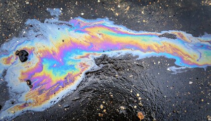 Rainbow oil slick on dark asphalt