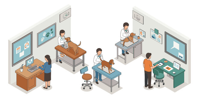 Modern veterinary clinic isometric design featuring vets examining dogs and office setup