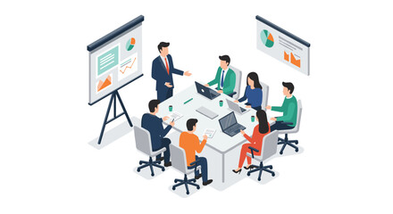 Collaborative business meeting in a modern office setting with isometric design