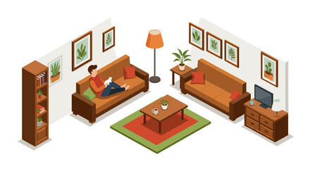 Cozy living room interior with relaxed person, cat, plants, furniture, and television in isometric style