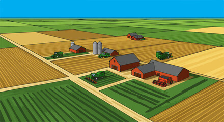 Farm illustration displaying buildings, tractors, and cultivated fields. This vibrant farm scene showcases agricultural infrastructure alongside equipment and rows of farmland.