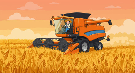 Obraz premium Cartoon combine harvester working in field landscape, cartoon combine harvester is reaping wheat. Cartoon combine harvester is ideal for explaining seasonal harvest.