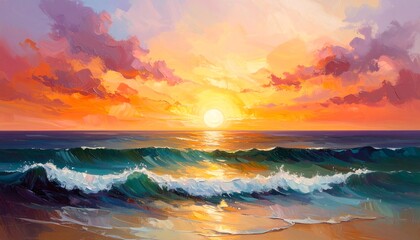 Vibrant sunset over a wavy ocean