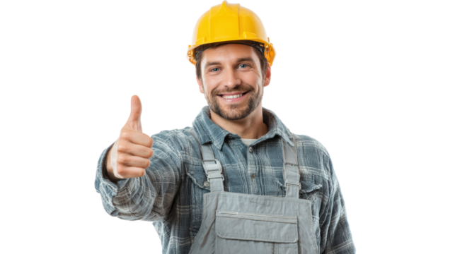 Construction worker giving a thumbs up on a white isolated background.