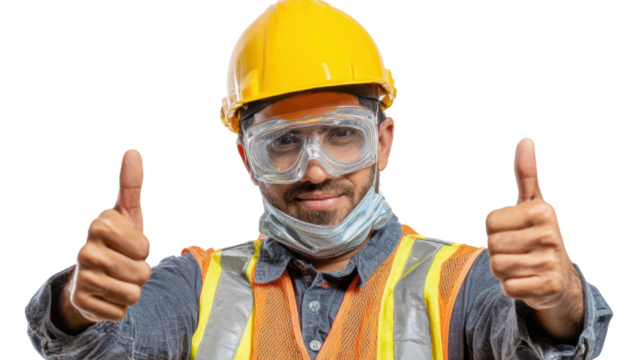 Construction worker giving thumbs up, isolated on white background.