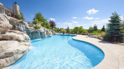 A luxurious outdoor swimming pool with a waterfall and a stone deck.