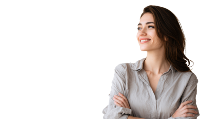 Confident young woman smiling with arms crossed, on a white isolate background.