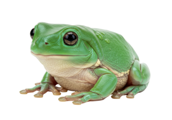 Isolated White's tree frog resting still in eye-level studio portrait, an Australian amphibian