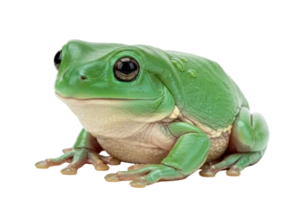 Fotobehang Kikker Isolated White's tree frog resting still in eye-level studio portrait, an Australian amphibian  © Mia