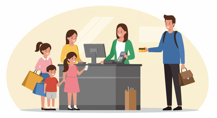 People shopping scene showing parents with children at checkout counter. People shopping event includes smiling man and woman, cashier worker, parents with kids buying goods at checkout counter.