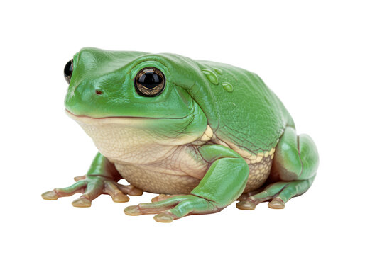 Isolated White's tree frog resting still in eye-level studio portrait, an Australian amphibian
