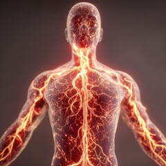 Digital illustration of human nervous system anatomy, front view, glowing lines