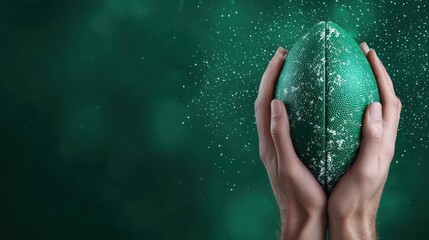 A pair of hands holds a green rugby ball, surrounded by a misty background and sparkling particles, conveying energy and focus.