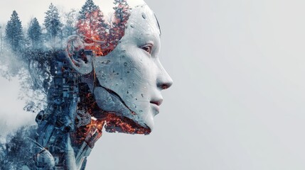 Futuristic humanoid robot with forest and circuitry overlay symbolizes AI integration with nature