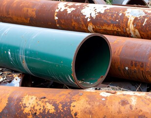 Rusty metal pipes piled in a junkyard