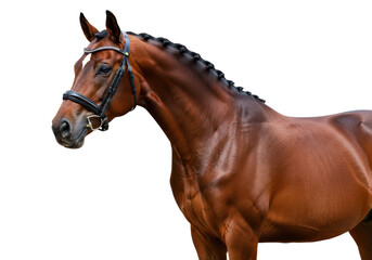 Isolated Dressage horse with bridle and braided mane posing for portrait, equine brown coat