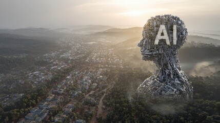 Giant AI structure overlooks sprawling cityscape, symbolizing technological dominance