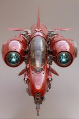 Fototapeta premium Futuristic red sci-fi aircraft with glowing twin engines and intricate mechanical details.