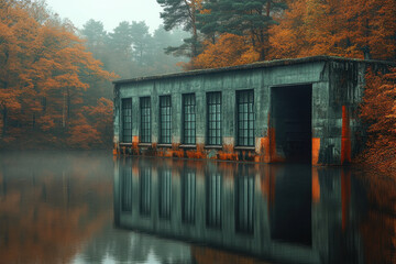 Boathouse floating on lake.