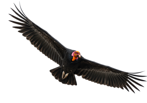 Isolated California Condor soaring with wings spread; majestic bird in flight, free nature