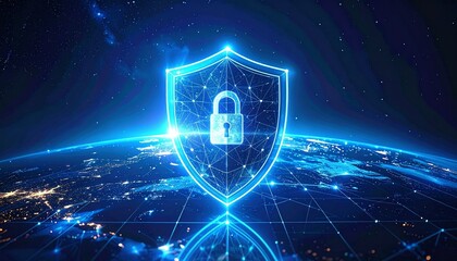 A glowing blue cloud with a central padlock floats in a dark digital space—surrounded by circuits and icons, evoking cybersecurity, data protection, and the futuristic rhythm of cloud infrastructure.