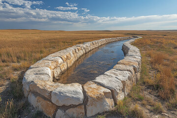 Stone wall standing in a vast field.
